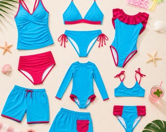 Matching Family Swimsuits, Miami Vibes Pink Blue Tropical Print, Cruise Pool Party Vacation, Couples Mom Dad Kids, Mommy and Me