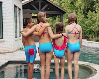 Matching Swimsuits for Couples & Families – Miami Vibes Pink and Blue– Men, Women, Kids, Toddler Swimwear