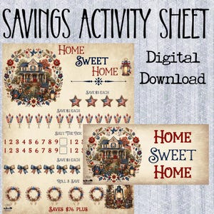 May include: A digital savings activity sheet featuring the text SAVINGS ACTIVITY SHEET and HOME SWEET HOME. The design includes a house illustration, American flag stars, rocket icons, numbered boxes for a game, and bow graphics on a beige background.