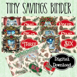 以下が含まれることがあります： クリスマスをテーマにしたTiny Savings Binderのデジタルダウンロード。お祝いの窓のシーン、松ぼっくり、そして「1」から「6」までの言葉がデザインされています。「Randomizer」と「デジタルダウンロード」のテキストが含まれています。