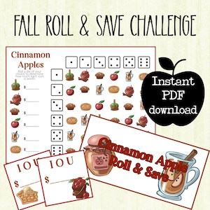 May include: A digital download graphic with the text "Fall Roll & Save Challenge." The image features a game board with dice, apples, and other fall-themed icons. Includes "Cinnamon Apples" and "Instant PDF download" text.