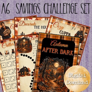 May include: A set of A6 savings challenge cards featuring autumn-themed graphics, including a moonlit forest path, a barn, and plaid borders. Text includes "A6 SAVINGS CHALLENGE SET," "Autumn AFTER DARK," "Cozy CUPPA," and "Digital Download."