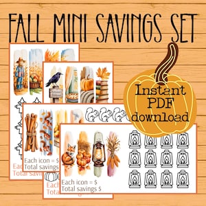 Op de afbeelding: Een digitale downloadset met een herfstthema. De afbeelding bevat illustraties van pompoenen, eekhoorns, lantaarns en andere herfstelementen. Tekst bevat "Fall Mini Savings Set" en "Instant PDF download."