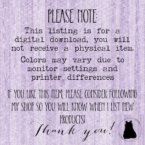 May include: A digital download notice on a lavender wood-grain background. The text reads "PLEASE NOTE" followed by details about the listing being a digital download, color variations, and a thank you message with a bear silhouette.