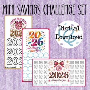 以下が含まれることがあります： 新年をテーマにした、3つの貯蓄チャレンジテンプレートを含むデジタルダウンロードセット。デザインには2026年と2022年が含まれており、ディスコボール、リボン、花火で装飾されています。「Mini Savings Challenge Set」というテキストが上部にあります。