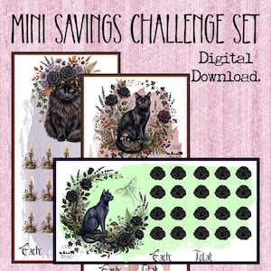 黒猫ミニ貯蓄チャレンジ｜現金詰め込み｜デジタルダウンロード｜A6サイズ印刷可能チャレンジ