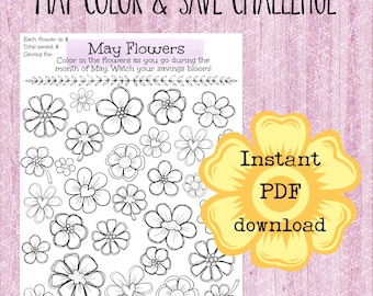 Op de afbeelding: Een printbare mei-spaaruitdaging met een kleurplaat met bloemen. Kleur de bloemen in terwijl je in mei geld spaart. De printbare tekst luidt "May Flowers" en "Direct PDF-download".