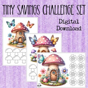 Op de afbeelding: Een digitale downloadset getiteld "Tiny Savings Challenge Set". De set bevat grillige illustraties van paddenstoelhuizen, vlinders en bloemen. De afbeeldingen zijn in zachte pastelkleuren, met de tekst "Digital Download" prominent weergegeven.