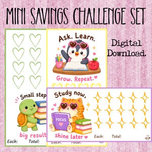 Peut inclure: Un ensemble de défis d'épargne Mini Savings Challenge Set en téléchargement numérique avec un pingouin à lunettes en forme de cœur lisant, une tortue avec des livres et un chat orange tenant un livre Focus, avec des icônes de suivi cœurs et étoiles.