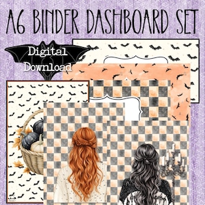 Op de afbeelding: A6-binder dashboardset digitale download met diverse Halloween-thema ontwerpen. Patronen bevatten zwarte vleermuizen op wit, oranje achtergronden met vleermuizen en ruitpatronen. Illustraties tonen een mand met pompoenen en twee figuren.