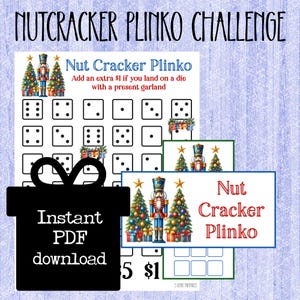May include: A printable Nutcracker Plinko game with dice, Christmas trees, and a nutcracker soldier. The game includes the text "Nut Cracker Plinko" and "Instant PDF download".