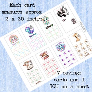 May include: A sheet of 7 savings cards and 1 IOU, each measuring approximately 2 x 3.5 inches. The cards feature cute animal illustrations with savings goals. Text includes "Roll & Save" and "5 Bears Printables."
