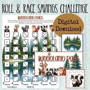 Könnte beinhalten: Ein digitaler Download mit einem "Roll & Race Savings Challenge"-Spiel. Das Spielbrett zeigt Waldtiere, Würfel und eine Seeszene. Der Text "Digital Download" befindet sich in einem braunen Kreis. Der Titel des Spiels steht oben.