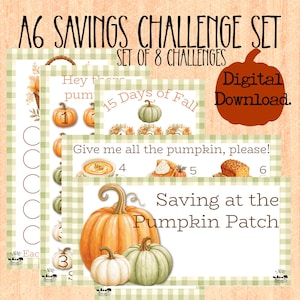 May include: A set of eight A6 savings challenge cards featuring a light green gingham border. The cards display various pumpkin illustrations, autumn-themed graphics, and text including A6 Savings Challenge Set, 15 Days of Fall, and Saving at the Pumpkin Patch.
