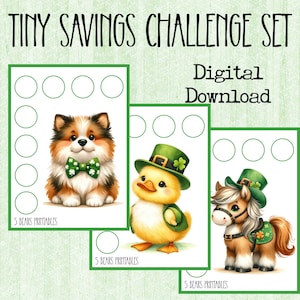 Könnte beinhalten: Ein digitales Download-Set mit dem Titel "Tiny Savings Challenge" mit drei Karten mit Illustrationen eines Welpen, eines Entchens und eines Ponys, die jeweils Kleidung zum St. Patrick's Day tragen. Jede Karte hat fünf Kreise zum Verfolgen des Sparens.