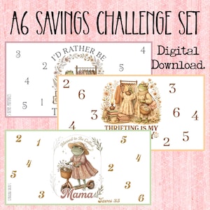 May include: A6 Savings Challenge Set digital download. Three rectangular cards feature whimsical illustrations and numbers for tracking savings. One card reads "I'd Rather Be" with clothing, another says "Thrifting is My" with a frog, and the last says "Mama Saves 35".