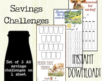 Printable A6 Savings Challenges | Cow Artwork (PDF Download)