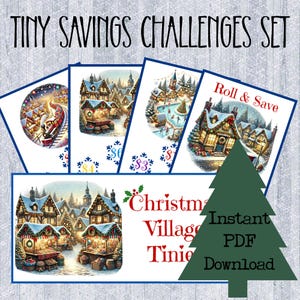 Könnte beinhalten: Ein Set mit Spar-Challenges zum Thema Weihnachten. Das Bild zeigt mehrere Karten mit Illustrationen eines Weihnachtsdorfes, eines Zuges und Eislaufens. Der Text enthält "Tiny Savings Challenges Set", "Christmas Village Tinies" und "Instant PDF Download".