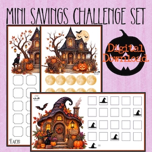 May include: A Mini Savings Challenge Set digital download featuring three rectangular sheets with Halloween-themed illustrations of haunted houses, pumpkins, black cats, and bats, alongside grids of empty squares for tracking financial savings goals.