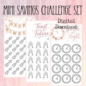 Puede incluir: Un conjunto digital de mini desafíos de ahorro con un fondo rosa. El conjunto incluye tres hojas con botellas de champán, copas de champán y relojes. El texto incluye "Mini Savings Challenge Set", "Digital Download", "Happy New Year", "Toast to the Future" y "Sparkle all Night".