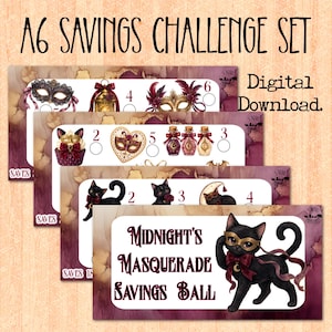 May include: A set of A6 savings challenge cards featuring a dark purple and gold theme. The cards display illustrations of masquerade masks, black cats, potion bottles, and cupcakes. The text reads A6 Savings Challenge Set, Digital Download, and Midnight's Masquerade Savings Ball.