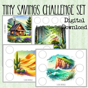 Può includere: Un set di download digitale con quattro sfide di risparmio stampabili. Ogni sfida presenta un paesaggio diverso: una baita, una foresta, un deserto e una scogliera costiera. Il testo "TINY SAVINGS CHALLENGE SET" e "Digital Download" sono visualizzati.