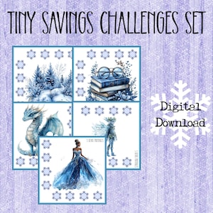 May include: A digital download set titled "Tiny Savings Challenges." The image features four square illustrations with a winter theme, including a snowy landscape, books with glasses, a dragon, and a fairy. The words "Digital Download" are also visible.