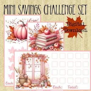 Könnte beinhalten: Ein digitales Spar-Challenge-Set zum Herunterladen mit drei druckbaren Blättern, die herbstliche Illustrationen wie einen rosa Kürbis, gestapelte Bücher mit Äpfeln und eine Fensterszene mit Kürbissen sowie ein Raster zur Sparverfolgung zeigen.