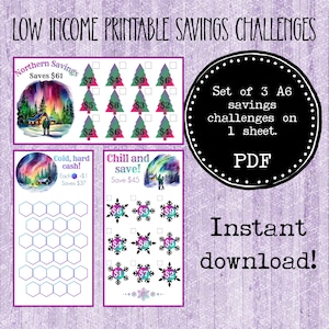 May include: Three printable savings challenge sheets with winter themes. Each sheet features a different winter scene with a savings goal. The first sheet features a snowy forest with a cabin and a goal of saving $61. The second sheet features a snowy forest with a goal of saving $37. The third sheet features a snowy forest with a goal of saving $45. The sheets are designed to help people save money on a low income.