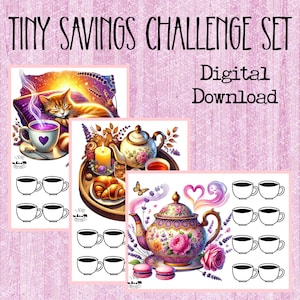May include: A digital download set titled "Tiny Savings Challenge Set" with illustrations of a cat, teacups, teapots, and pastries. The images have a pink and purple color scheme, with the words "Digital Download" in the top right corner.