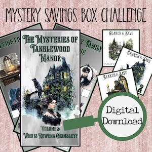 May include: A digital download graphic featuring a mystery-themed design. The central image is a book cover titled "The Mysteries of Tanglewood Manor, Volume 2: Who is Rowena Grimsley?" with a gothic mansion illustration. Additional cards say "Search & Save".