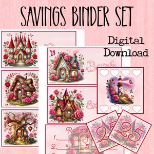 May include: A digital download savings binder set with a pink background. The set includes various pages with illustrations of fairy tale houses, castles, and a lighthouse, all adorned with roses. The text "SAVINGS BINDER SET" and "Digital Download" are visible.