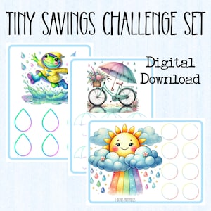 May include: A digital download set titled "Tiny Savings Challenge Set." The set includes three colorful cards with watercolor illustrations: a frog in a raincoat, a bicycle with an umbrella, and a smiling sun with a rainbow. The words "Digital Download" are also visible.