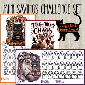 Könnte beinhalten: Ein Mini-Spar-Challenge-Set mit drei druckbaren Blättern zum Thema Halloween. Die Designs zeigen eine mürrische schwarze Katze, eine Katze im Umhang und eine Katze im Geisterkostüm, ergänzt durch Reihen von Kürbis- und Geister-Symbolen zum Sparen.