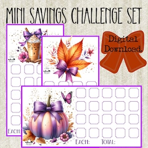 May include: A digital download mini savings challenge set featuring three printable sheets with purple borders. Designs include an iced coffee, an autumn leaf, and a pumpkin, all decorated with purple bows, butterflies, and gold glitter accents.