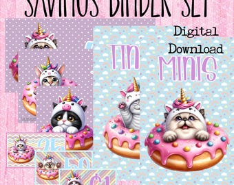 Unicorn Cat Savings Binder Set | A6 Cash Stuffing (Digital Download)