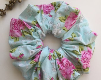 XL Scrunchies, Light Blue Pink Rose, Women's Hair Tie, Bridal Shower, Birthday Party