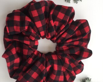 XL Scrunchie, Black and Red Checker, Buffalo Red Plaid Check, Women's Hair Tie, Bridal Shower, Birthday Party, Baby Shower