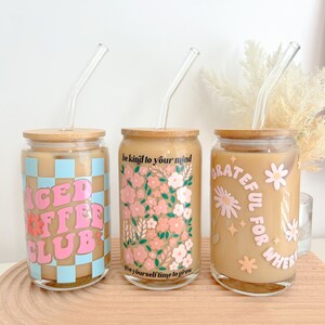 Glass Cups With Bamboo Lids and Straws Coffee Cups Glass Cups Glass Cup and Straw  Glass Straw Cute Trendy Cups 