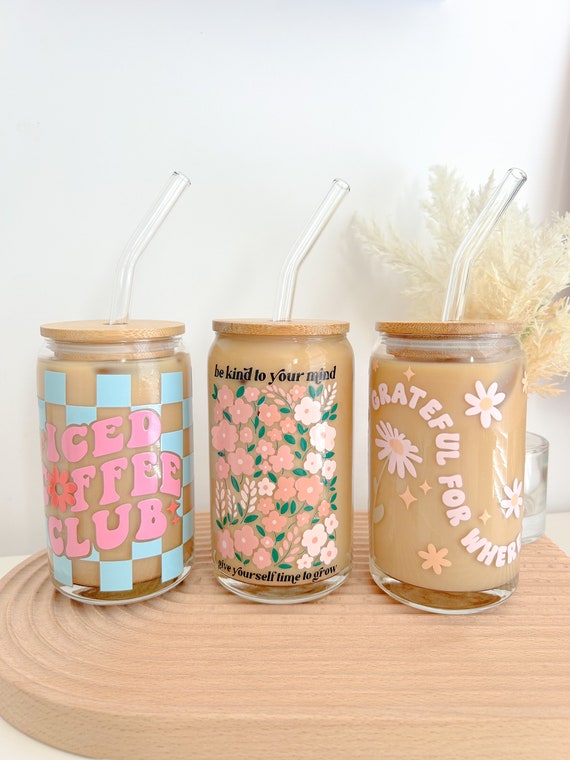 Glass Cups With Bamboo Lids and Straws Coffee Cups Glass Cups