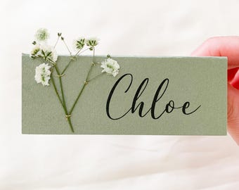 Baby's Breath Personalized Sage Green Placecards For Wedding, Bridal Shower Decor|Placecards with Pressed Flower|Classic Elegant Wedding