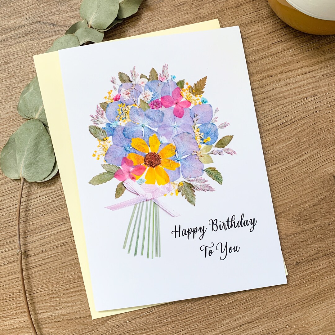 Pressed Flower Bouquet Birthday Card Print Flower Birthday Card