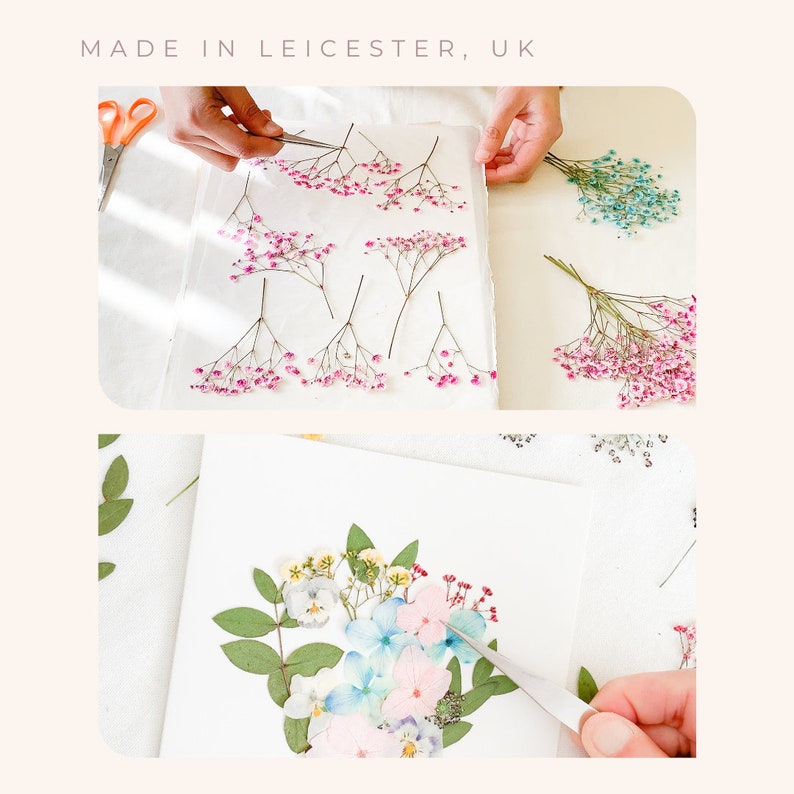 May include: A close-up of a person arranging dried flowers on a white surface. The flowers are pink, blue, and white. The person is using tweezers to carefully place the flowers. The text "MADE IN LEICESTER, UK" is visible at the top of the image.