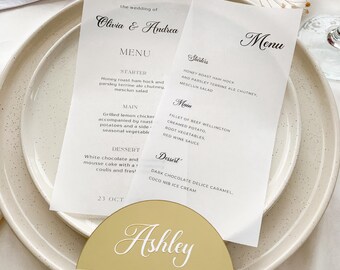 Minimalist Vellum Menu For Wedding, Bridal Shower Decor, Engagment Dinner | Modern Match Bundle On the day Stationery Place cards & Menu