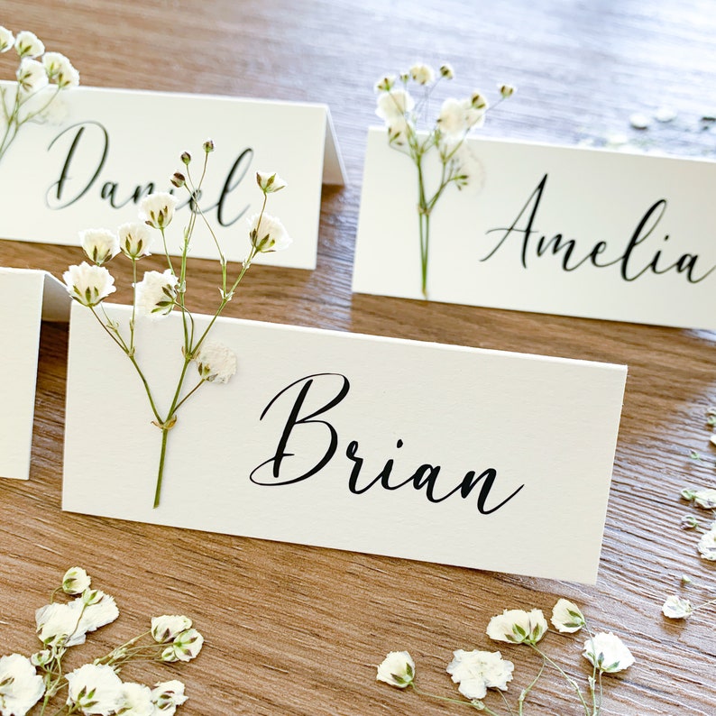 May include: White place cards with calligraphy names, "Daniel", "Amelia", and "Brian", decorated with small white flowers.