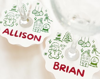 Cute Funny Christmas Handdrawn Illustrated Wine Glass Place Card|Personalised Gingerbread Man Drink Name Tags|Whimsical Xmas Table Decor