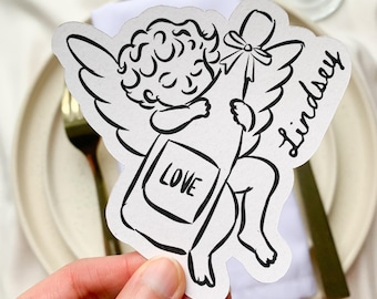 Cupid Shaped Funny Place Card For Wedding, Engagement Dinner | Whimsical Handdrawn Illustrated Personalised Name Card For Table Setting