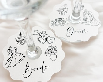 Whimsical Romantic Wedding Handdrawn Illustrated Glass Place Cards | Personalised Name Tags for Drink | Champagne Wine Glass Name Tags