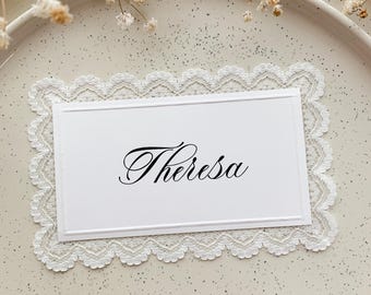 Vintage Lace Border Place Cards with Debossed Line|Elegant Calligraphy Name Tags|Old Money Lace Place Cards |Modern Romance Table Decor