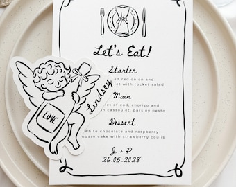 Matching Menu For Cupid Shaped Funny Place Card For Wedding | Whimsical Handdrawn Illustrated Personalised Mnenu For Table Setting